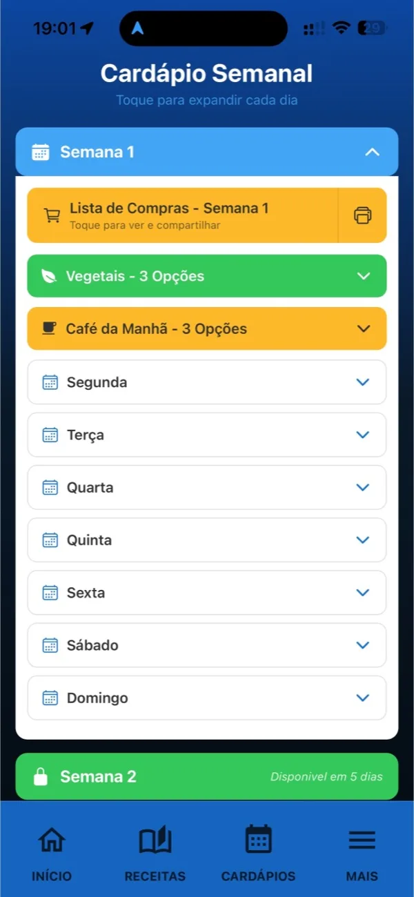 Cardápio semanal no app