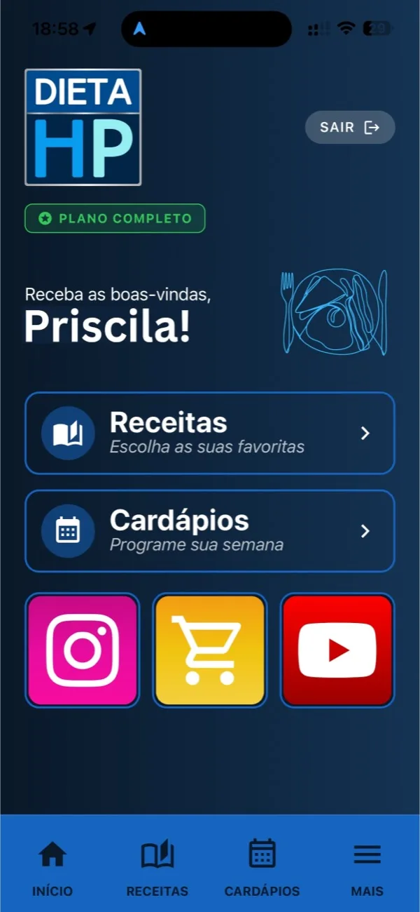 Tela inicial do app Dieta HP
