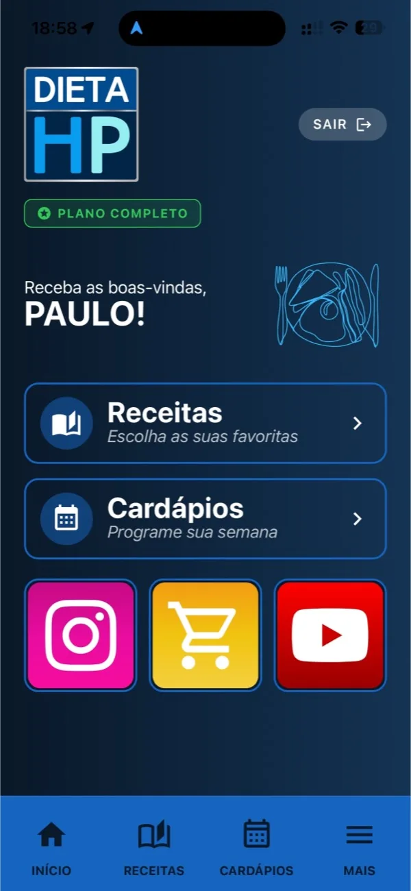 Tela inicial do app Dieta HP