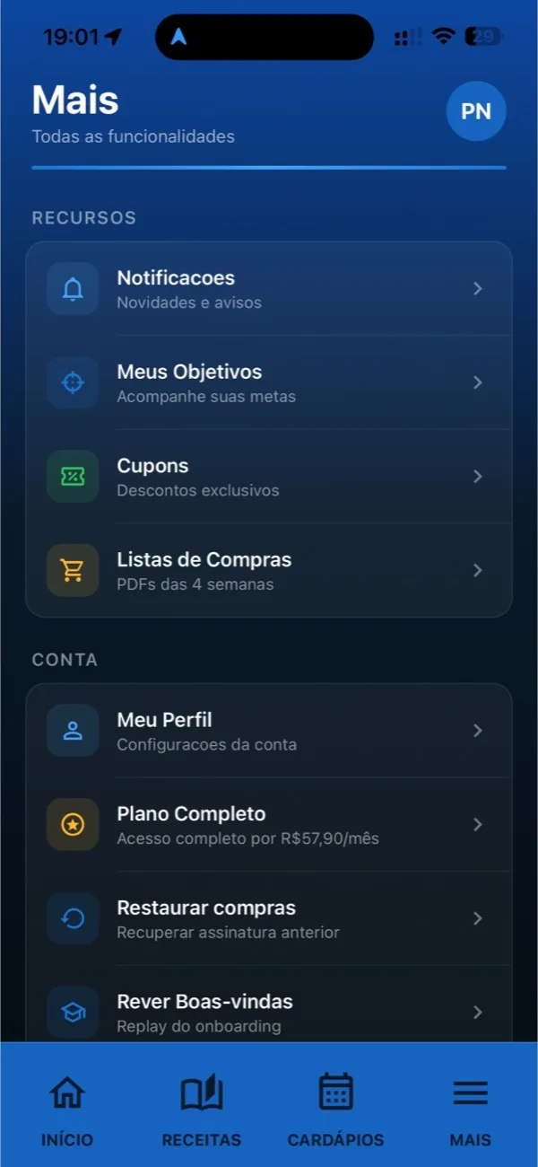 Recursos do app